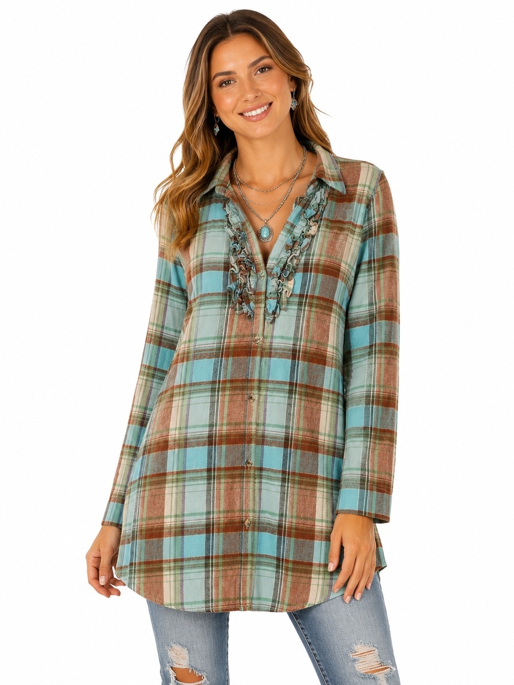 Tasha Polizzi Collection Teal Plaid Ruffle Western Button Down Tunic Flannel